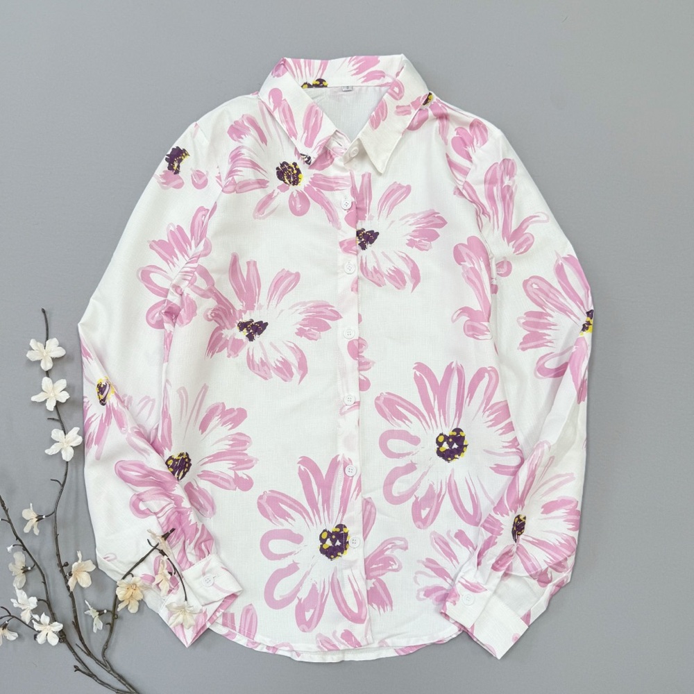 Floral Pink and White Button-Up Shirt, S.